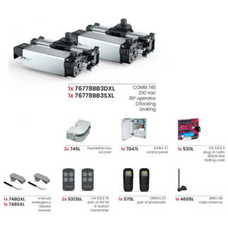 Image of Combi 740 underground swing gate automation kit showing underground motors, control box, safety photocells, and remote transmitters.