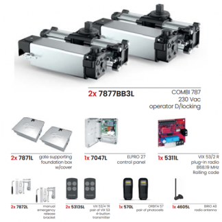 Fadini Combi 787 Swing Gate Kit installed on double leaf gate showing hydraulic operators and control panel