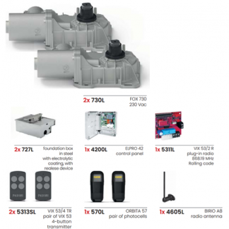 Image of Fadini FOX 730 underground swing gate automation kit showing underground motors, control box, safety photocells, and remote transmitters.