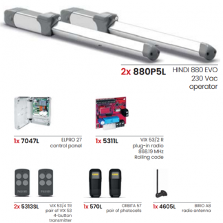 Image of Hindi 880 Evo 230V swing gate automation kit showing motor, control box, articulated arms, safety photocells, and remote transmitters.