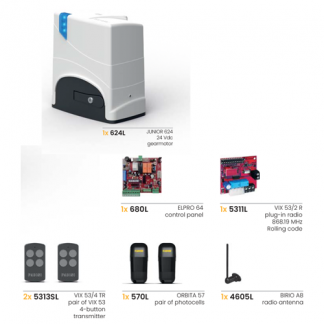 Image of Fadini Junior 624 sliding gate automation kit showing motor, control box, toothed rack sections, safety photocells, flashing light, and remote controls.