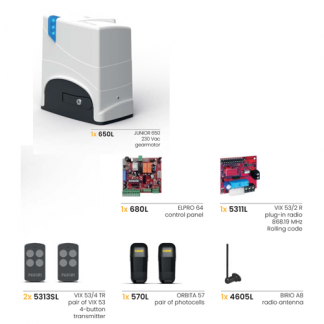 Image of Junior 650 sliding gate automation kit showing motor, control panel, toothed rack, safety photocells, flashing light, and remote controls.