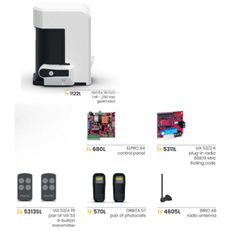Image of Nyota 115 Evo sliding gate automation kit showing motor, control panel, toothed rack sections, safety photocells, flashing light, and remote transmitters.