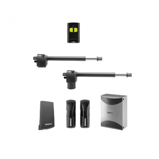 Image of BILL30M 230V double swing gate automation kit showing two motors, control box, safety photocells, and remote controls.