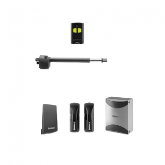 Image of BILL30M 230V single swing gate automation kit showing one motor, control box, safety photocells, and remote controls.