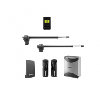 Image of BILL50M 230V double swing gate automation kit showing two motors, control box, safety photocells, and remote controls.