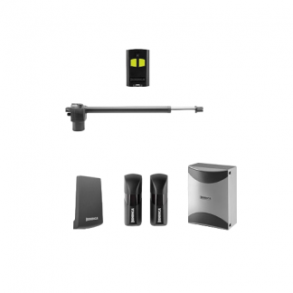 Image of the BILL50M 230V swing gate automation kit showing one motor, control box, safety photocells, and remote controls for a single gate leaf.