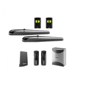 Image of BOB3024E 24V double swing gate kit showing two motors with encoders, control box, safety photocells, antenna, and remote transmitters for dual gate automation.