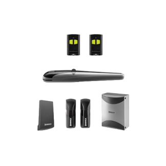 Image of the BOB3024E 24V swing gate kit showing the motor with encoder, control box, safety photocells, antenna, and remote transmitters.