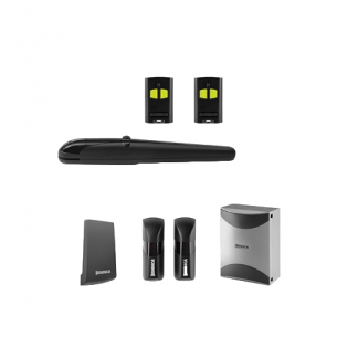 Image of the BOB30ME 230V swing gate automation kit showing the motor, control box, safety photocells, remote controls, and mounting accessories.