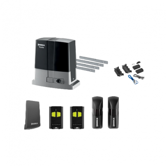 Image of the Bull624SE 24V sliding gate kit showing the motor unit, toothed rack sections, control box, safety photocells, flashing light, and remote controls.